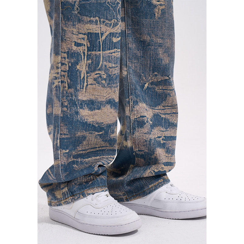 Destroy Style All Over Print Wide Leg Jeans