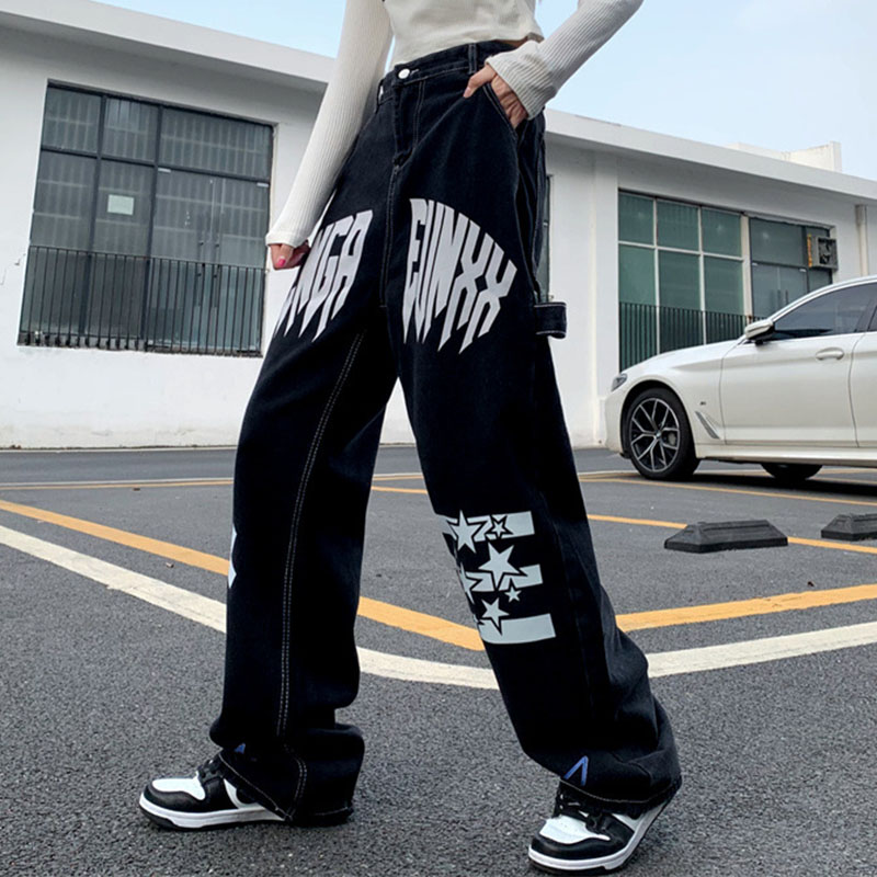 Retro Letter Print Straight Leg Jeans