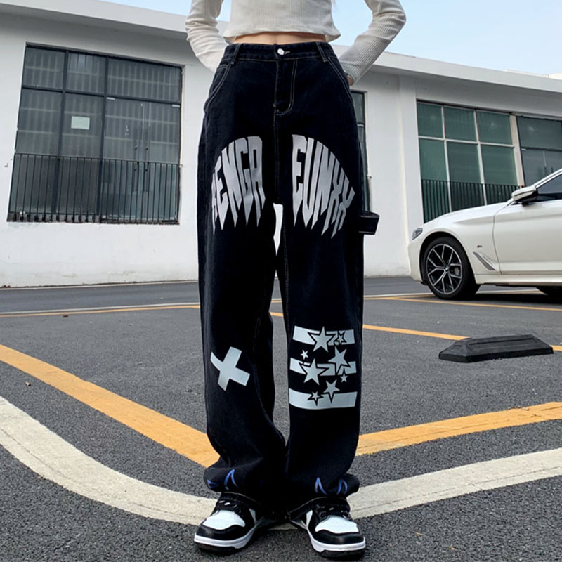 Retro Letter Print Straight Leg Jeans