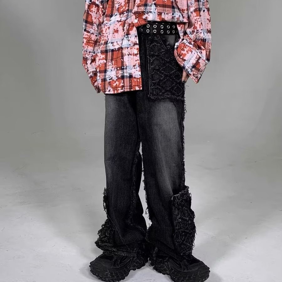 Hiphop Distressed Pocket Raw Edge Jeans