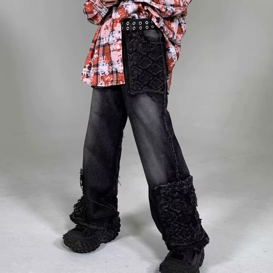 Hiphop Distressed Pocket Raw Edge Jeans