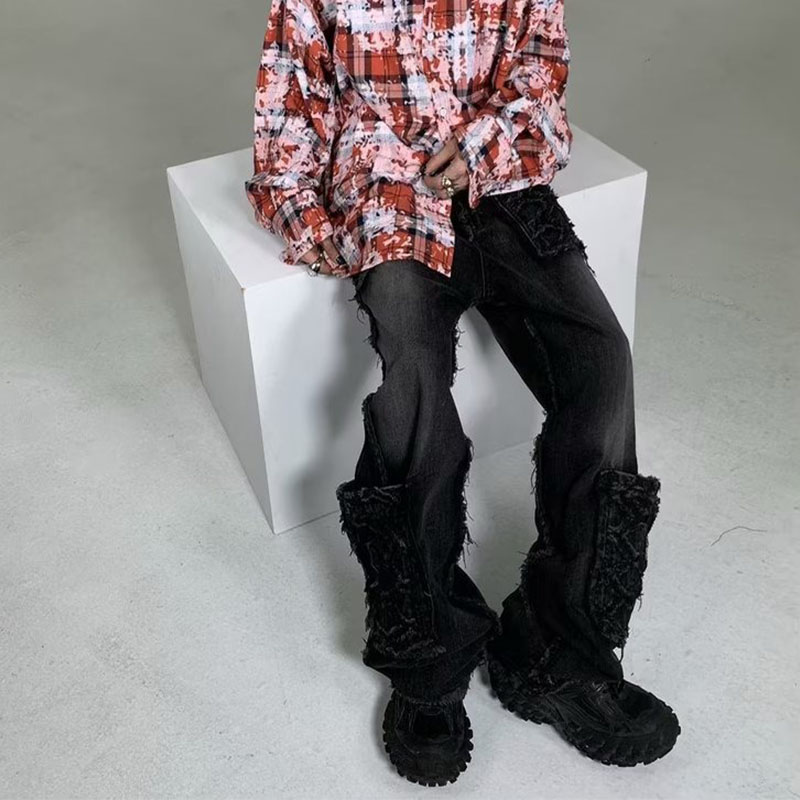 Hiphop Distressed Pocket Raw Edge Jeans