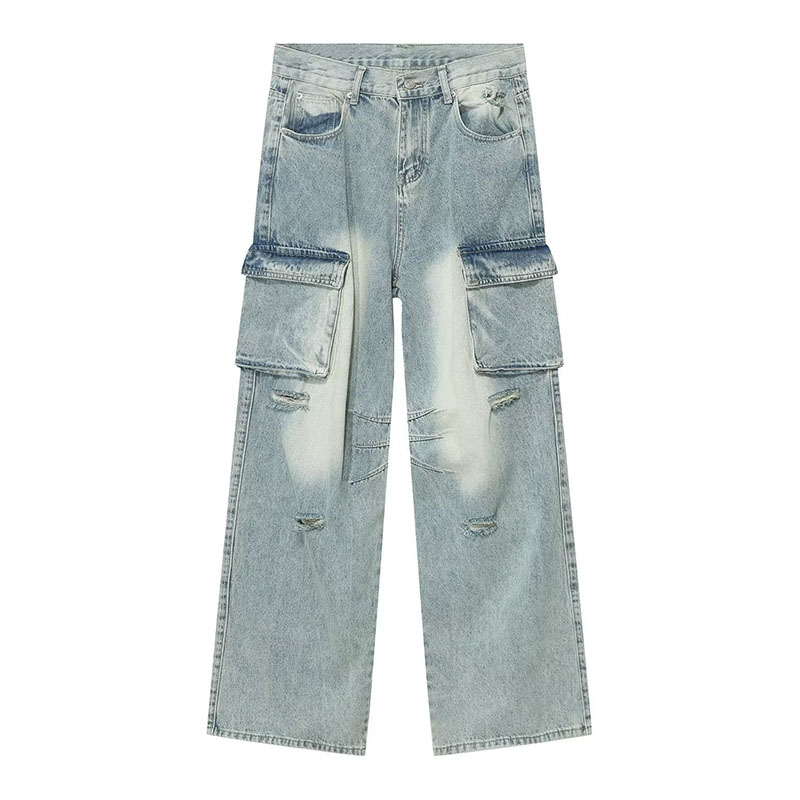 Distressed Pocket Raw Edge Ripped Work Jeans