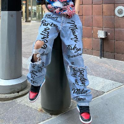 Distressed Printed Hip-Hop Street Jeans