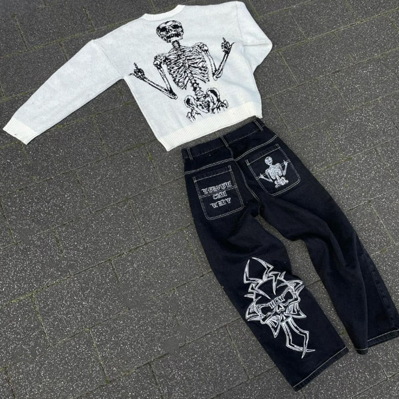 'Retro Skull' Embroidered Skull Jeans