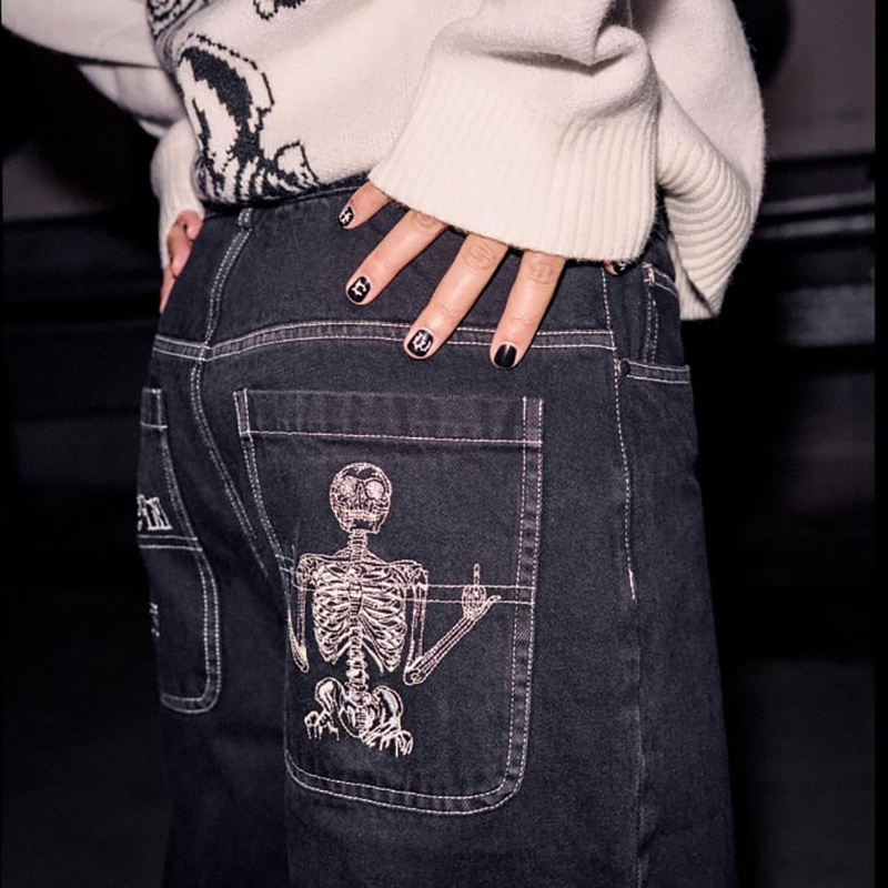 'Retro Skull' Embroidered Skull Jeans