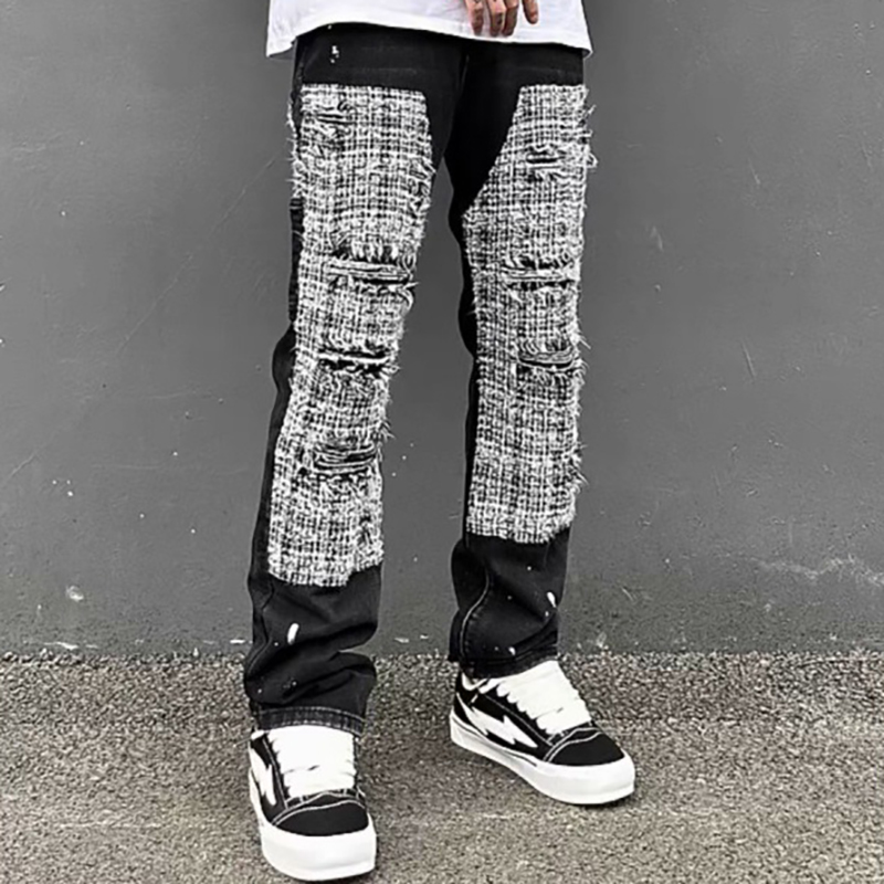 Street Plaid Patchwork Ripped Jeans Street Plaid Patchwork Ripped Jeans