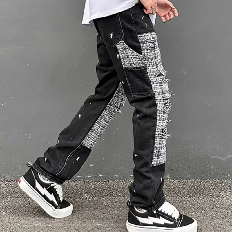 Street Plaid Patchwork Ripped Jeans Street Plaid Patchwork Ripped Jeans