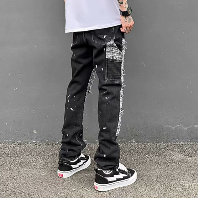 Street Plaid Patchwork Ripped Jeans Street Plaid Patchwork Ripped Jeans