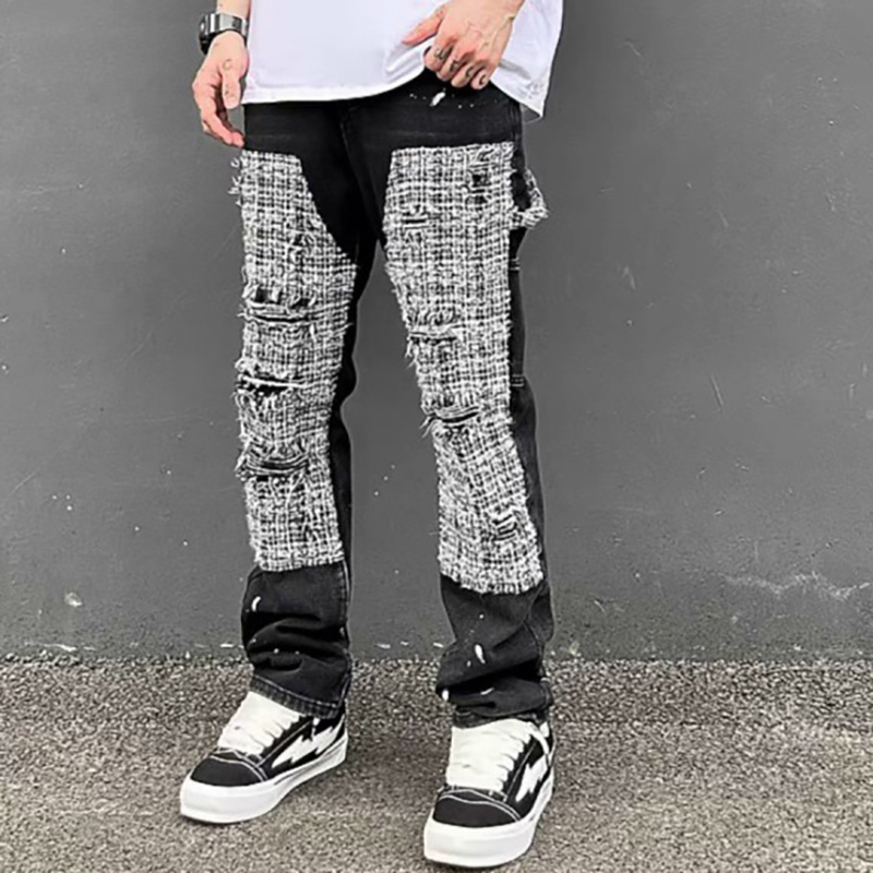 Street Plaid Patchwork Ripped Jeans Street Plaid Patchwork Ripped Jeans