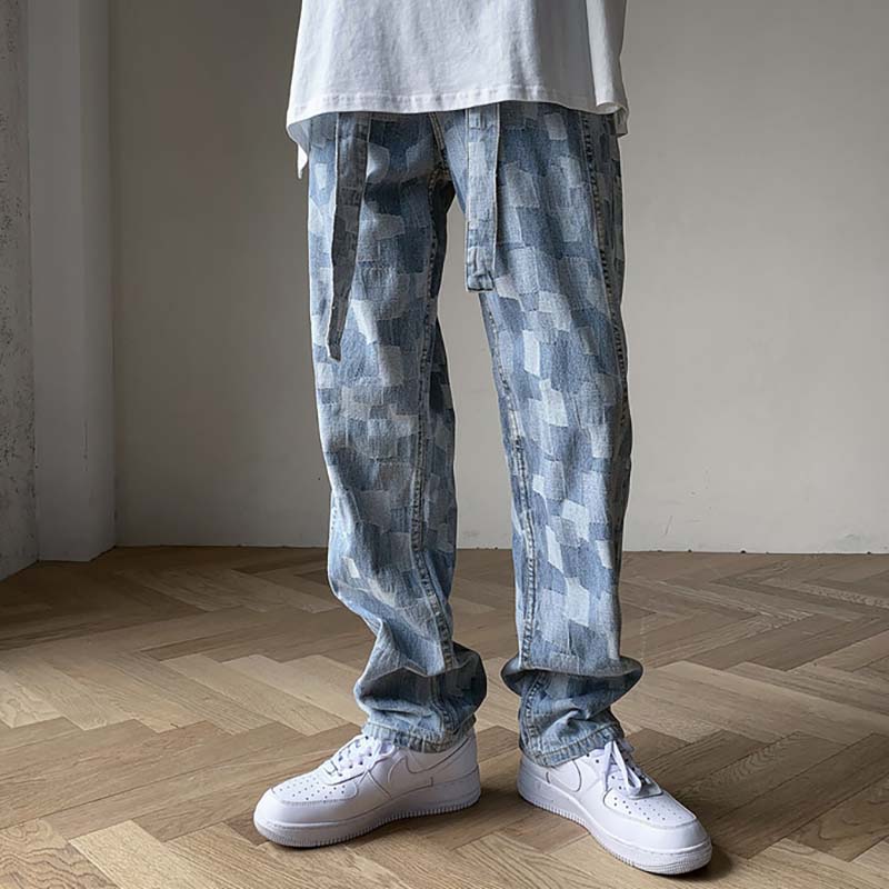 Plaid Patchwork Straight Jeans