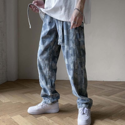 Plaid Patchwork Straight Jeans