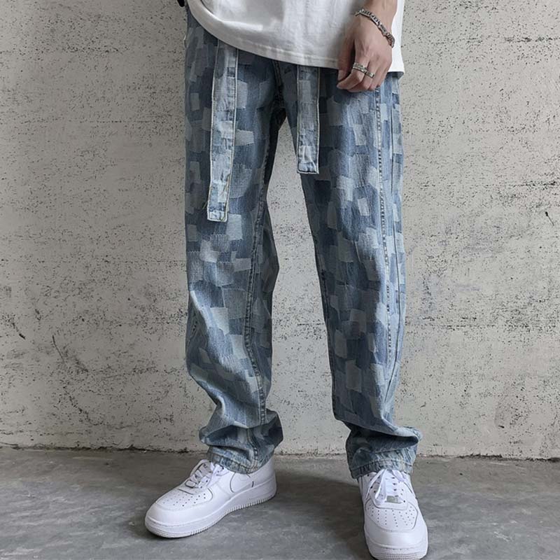 Plaid Patchwork Straight Jeans