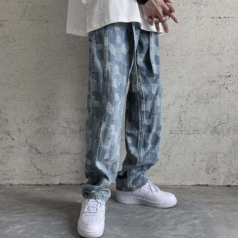 Plaid Patchwork Straight Jeans