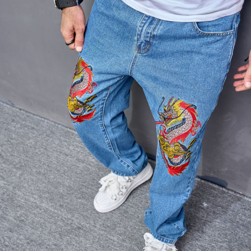 Vintage Dragon Embroidered Casual Jeans