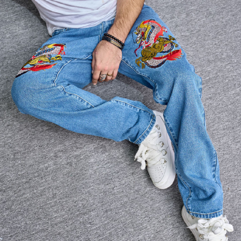 Vintage Dragon Embroidered Casual Jeans