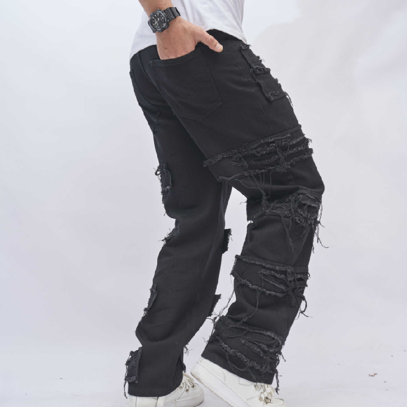 Vintage Patched Casual Black Jeans