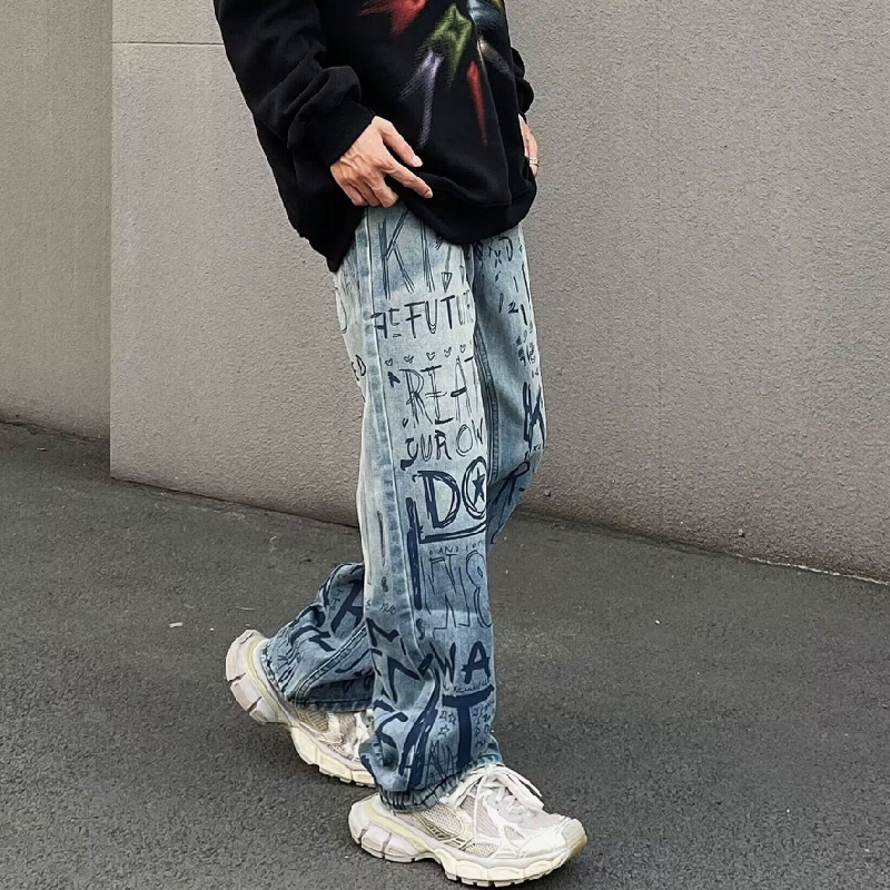 Retro Letter Graffiti Straight Jeans