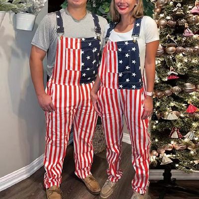 American Independence Day Flag Couple Overalls