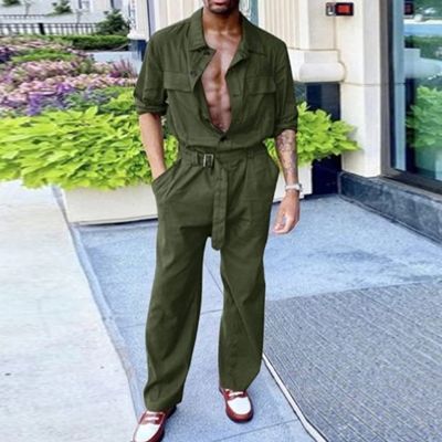 Long Sleeve Lapel Belted Cargo Jumpsuit