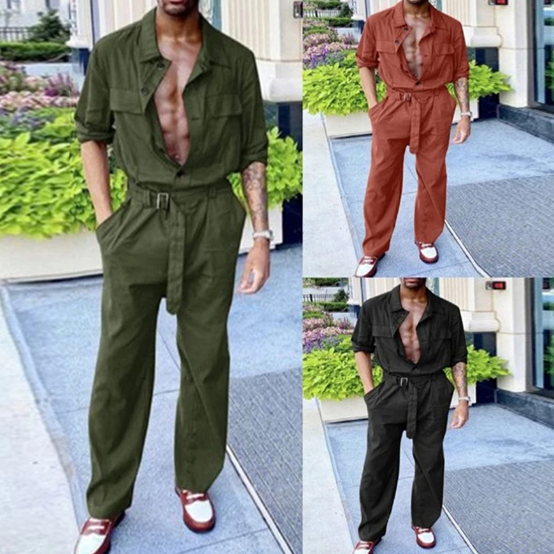Long Sleeve Lapel Belted Cargo Jumpsuit