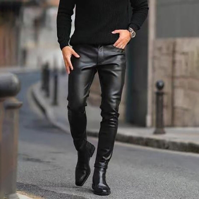Black Slim Solid Leather Pants