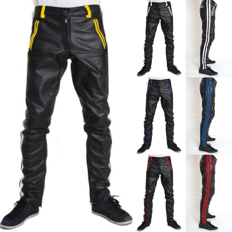 PU Solid Color Straight Casual Mid Waist Leather Pants