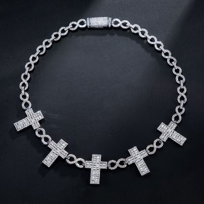 10mm Iced Baguette Cross Infinity Link Chain in White Gold