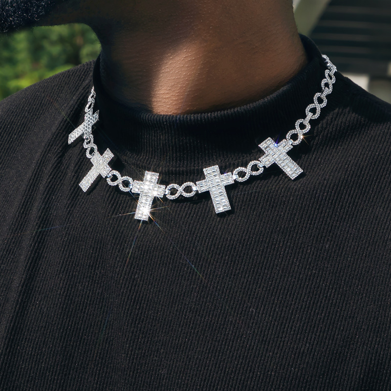 10mm Iced Baguette Cross Infinity Link Chain in White Gold