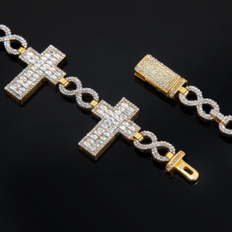 10mm Iced Baguette Cross Infinity Link Chain in Gold