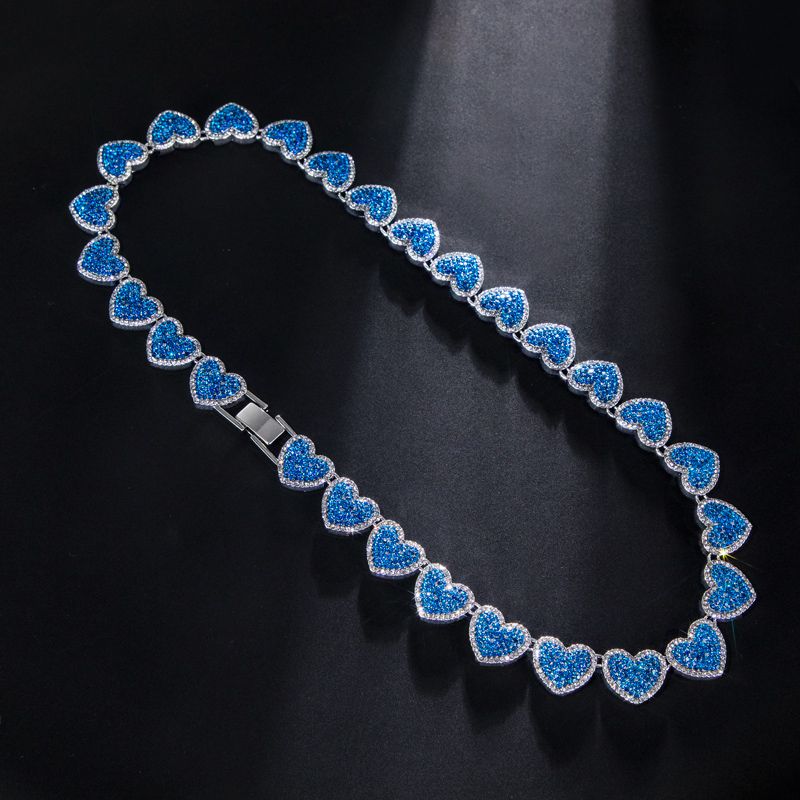 15mm 20'' Clustered Sapphire Heart Link Chain in White Gold