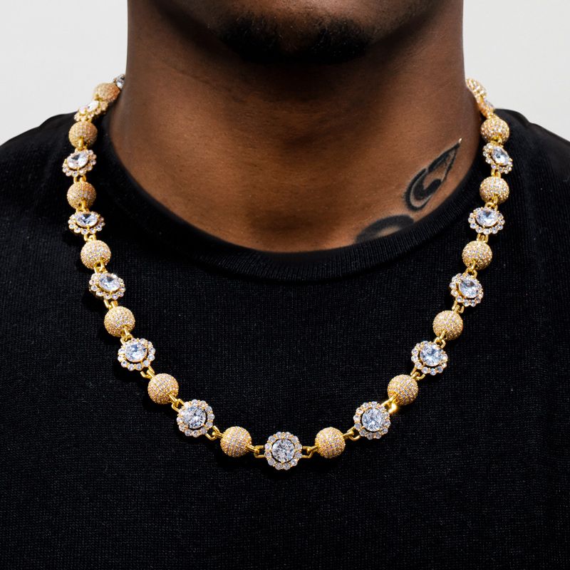 12mm 20'' Iced Ball & Halo Diamond Link Chain in Gold