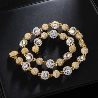 12mm 20'' Iced Ball & Halo Diamond Link Chain in Gold