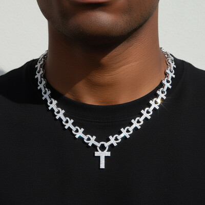 16mm Micro Pave Ankh Link Chain in White Gold