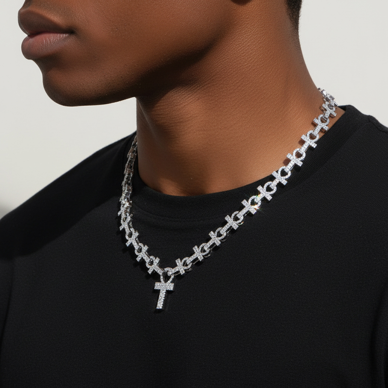 16mm Micro Pave Ankh Link Chain in White Gold 16mm Micro Pave Ankh Link Chain in White Gold