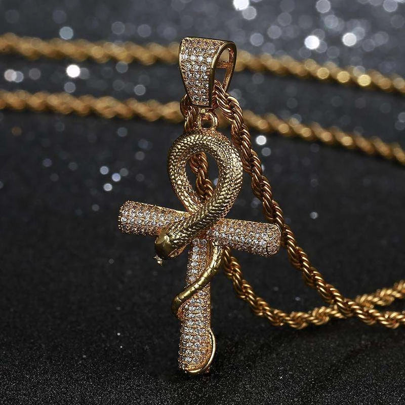 Iced Ankh Ouroboros Cross in Gold