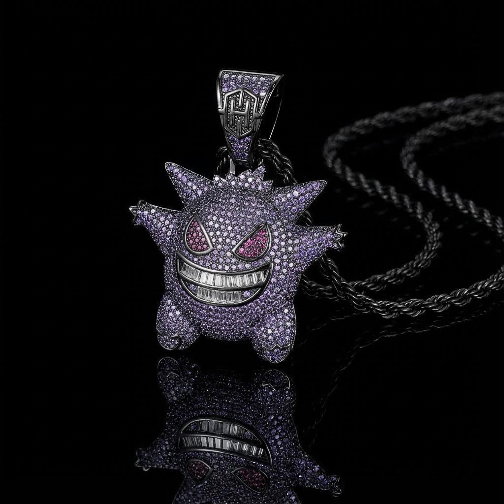 Purple Iced Gengar Pendant in Black Gold Purple Iced Gengar Pendant in Black Gold