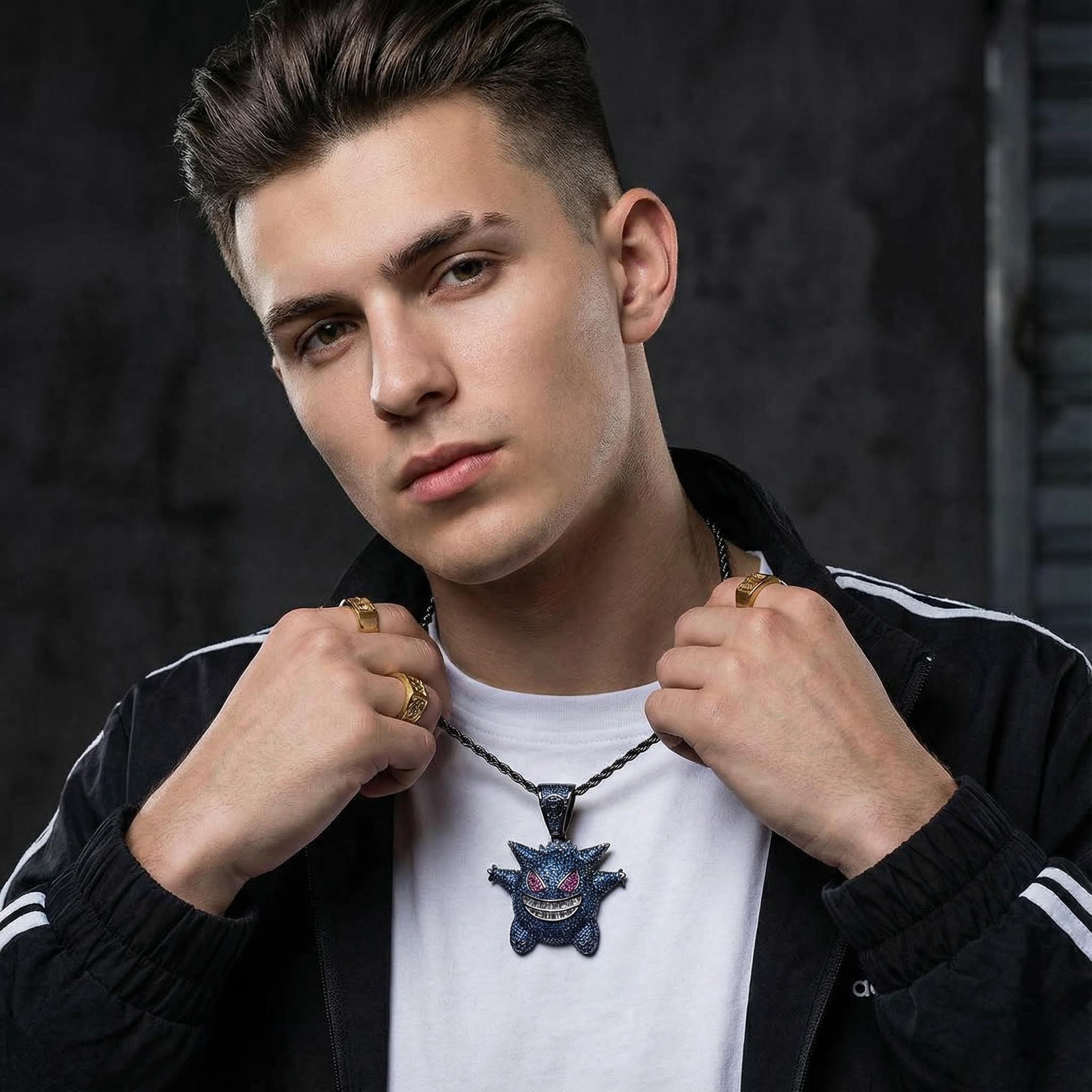  Iced Sapphire Gengar Pendant in Black Gold