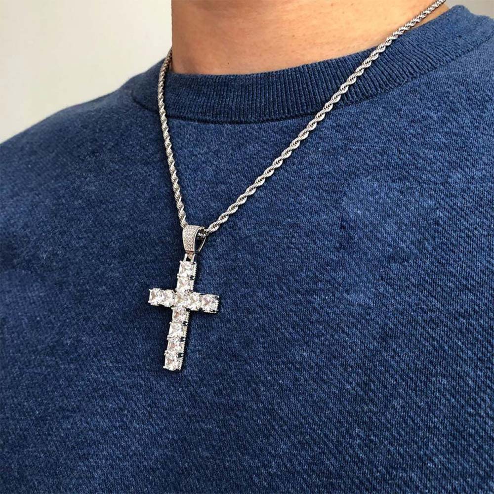 Iced Princess Cut Cross Pendant in White Gold