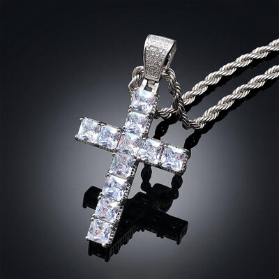 Iced Princess Cut Cross Pendant in White Gold