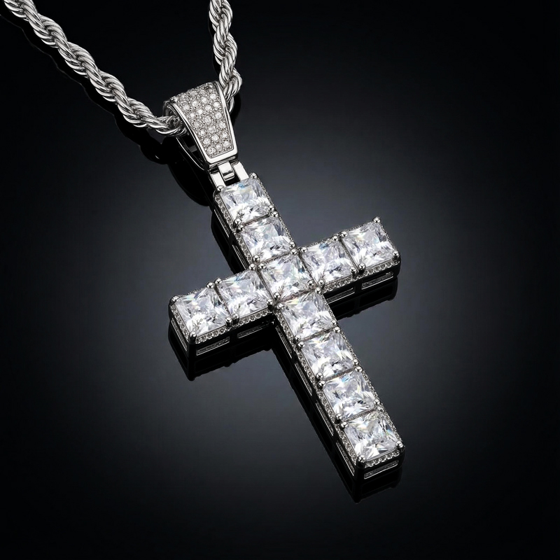 Iced Princess Cut Cross Pendant in White Gold Iced Princess Cut Cross Pendant in White Gold