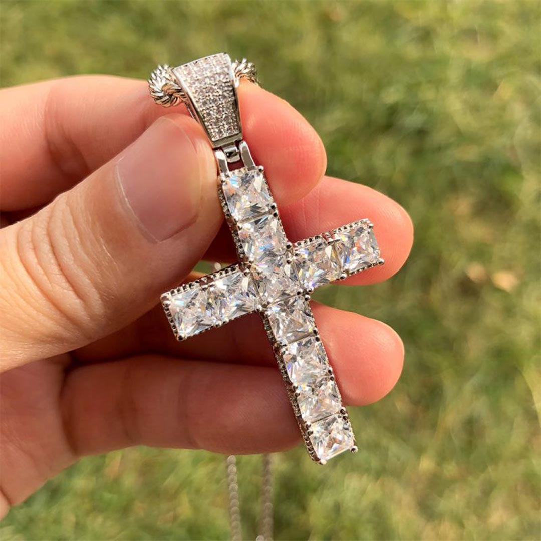 Iced Princess Cut Cross Pendant in White Gold Iced Princess Cut Cross Pendant in White Gold