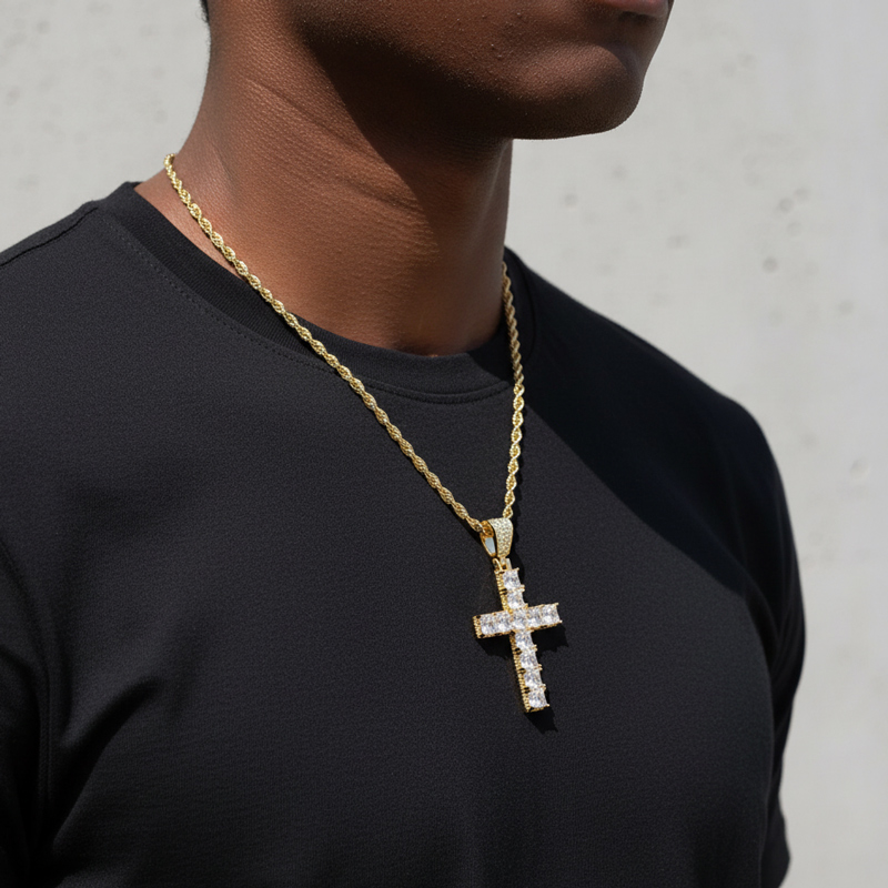 Iced Princess Cut Cross Pendant in Gold Iced Princess Cut Cross Pendant in Gold