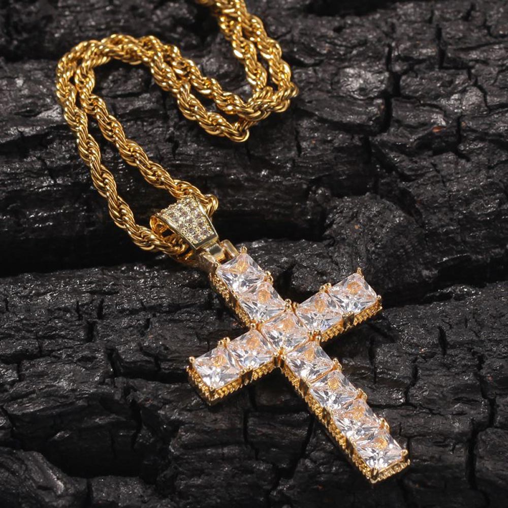 Iced Princess Cut Cross Pendant in Gold Iced Princess Cut Cross Pendant in Gold