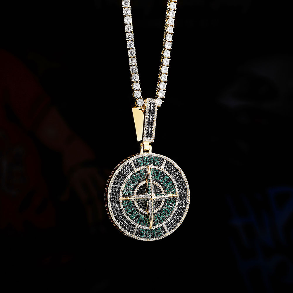 Iced Compass Pendant in Gold