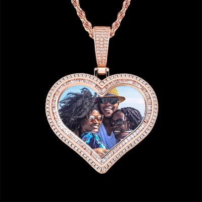  Custom Double Halo Heart Photo Pendant in Rose Gold