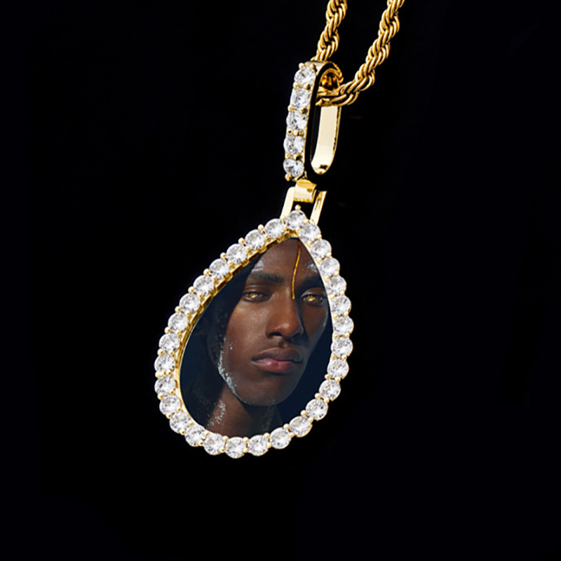 Iced Custom Drip Shaped Photo Pendant in Gold