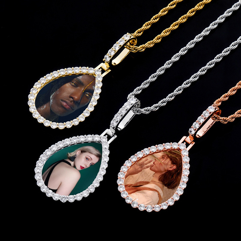 Iced Custom Drip Shaped Photo Pendant in Gold