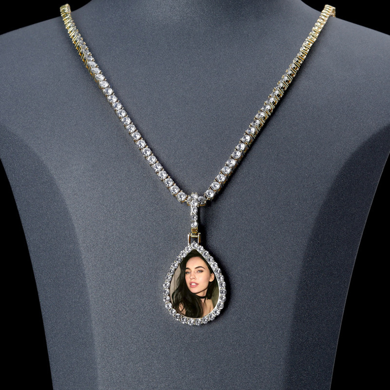 Iced Custom Drip Shaped Photo Pendant in Gold