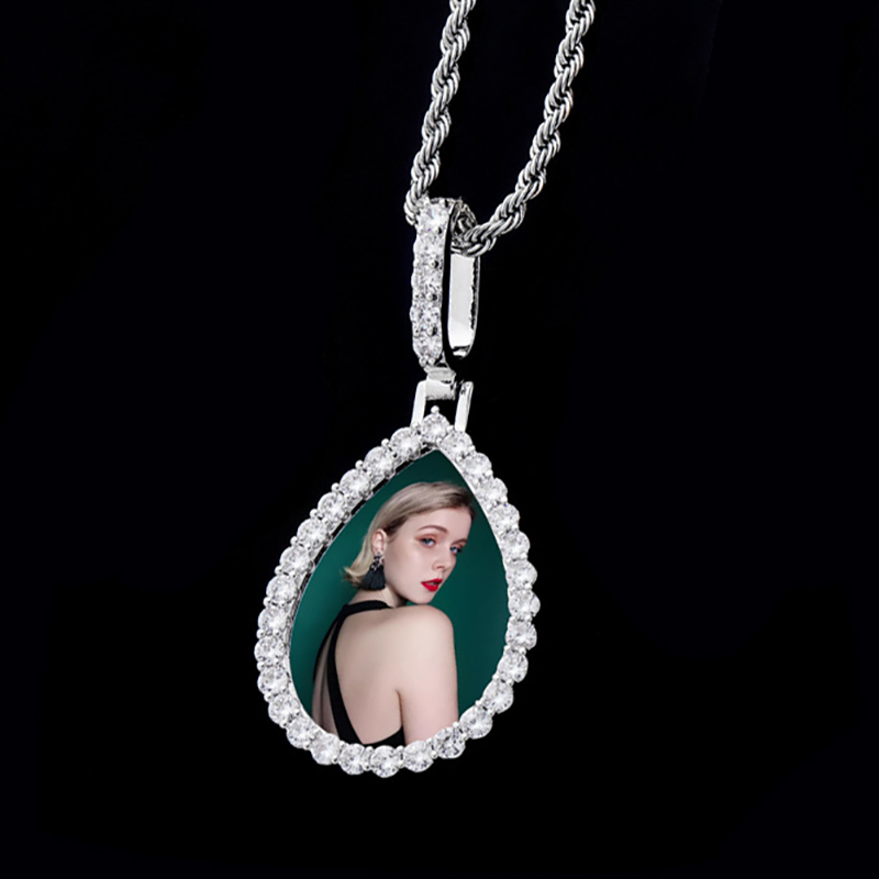 Iced Custom Drip Shaped Photo Pendant in White Gold